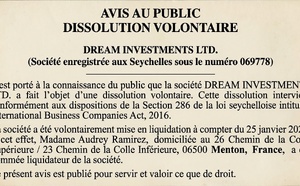 AVIS DE DISSOLUTION – DREAM INVESTMENTS LTD.