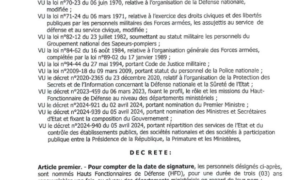 Nouvelles nominations de Hauts fonctionnaires de défense par le président Diomaye : 24 officiers supérieurs désignés