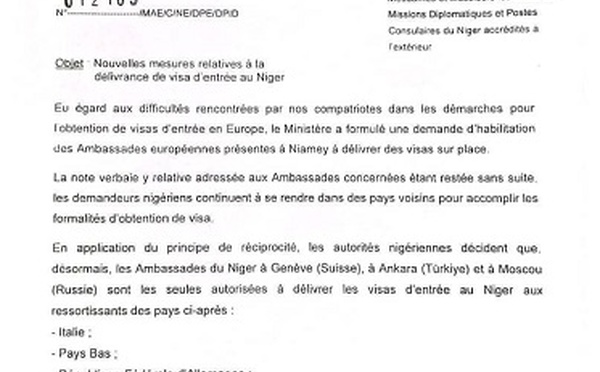 Le Niger impose un visa plus strict pour plusieurs pays européens en représailles