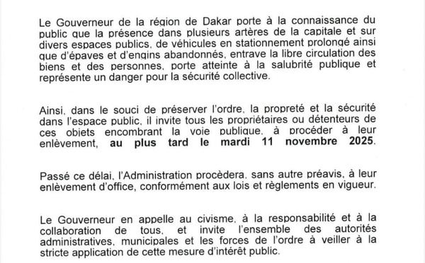 Dakar : le gouverneur ordonne le retrait des véhicules et épaves abandonnés sur la voie publique avant le 11 novembre
